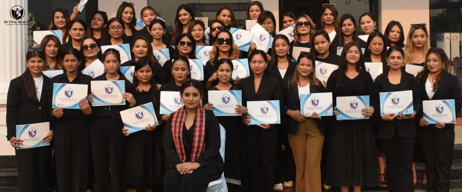 Professional makeup class at Butwal Beauty Academy, Nepal; Cosmetology diploma students practicing at Butwal Beauty Academy; Microblading training course in Butwal, Nepal